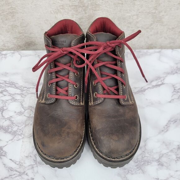 American Eagle Vintage Brown Leather  Boots with Deep Red Laces Chunky Lug Soles - Picture 10 of 12